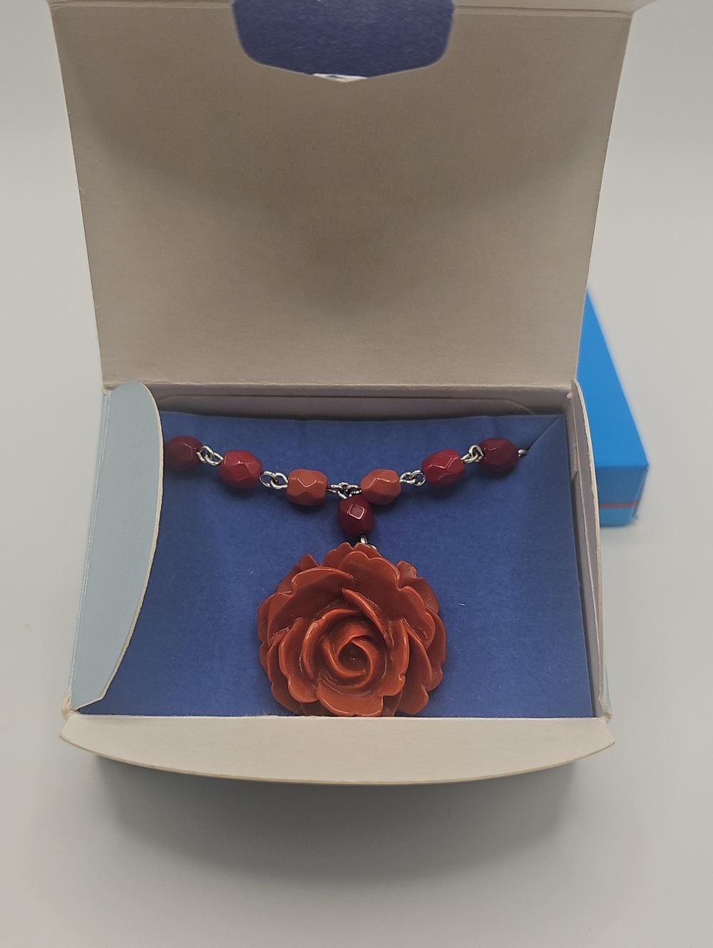 Avon Vintage Red Rose Carved Pendant Necklace With Box - Women Jewelry